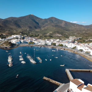 Una fotografía de el Port de la Selva en Catalunya. Mar Mediterraneo. Como si fuese tomada desde un dron, desde el cielo. --photo