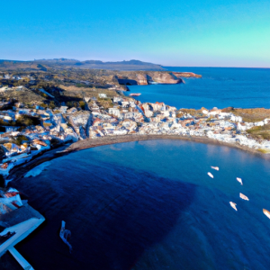 Una fotografía de Llançà en Catalunya. Mar Mediterraneo. Como si fuese tomada desde un dron, desde el cielo. --photo