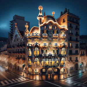 Una fotografía de la casa batlló en Catalunya. Iluminada de navidad por la noche como las casas de la Alsacia francesa.