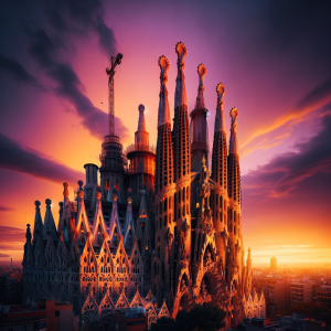 La Sagrada Familia de Barcelona. Iluminada al atardecer.