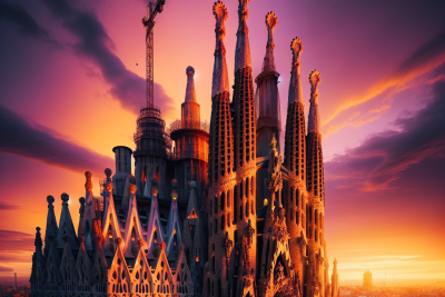 La Sagrada Familia de Barcelona. Iluminada al atardecer.