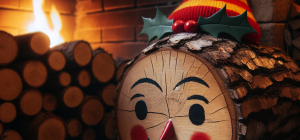 Un tió de Nadal de Catalunya. Un tronco con la cara pintada y una tipica barretina catalana roja. En el interior de una casa de bosque con su fuego encencido. Ambiente calido.