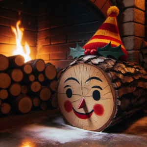 Un tió de Nadal de Catalunya. Un tronco con la cara pintada y una tipica barretina catalana roja. En el interior de una casa de bosque con su fuego encencido. Ambiente calido.