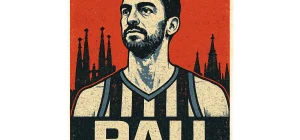 Pop-art street poster of basketball legend Pau Gasol in front of the Sagrada Familia skyline of Barcelona