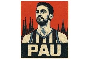 Pop-art street poster of basketball legend Pau Gasol in front of the Sagrada Familia skyline of Barcelona