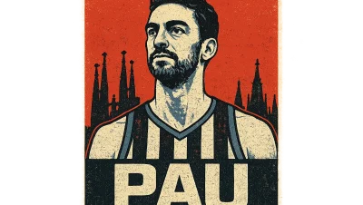 Pop-art street poster of basketball legend Pau Gasol in front of the Sagrada Familia skyline of Barcelona