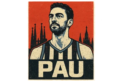 Pop-art street poster of basketball legend Pau Gasol in front of the Sagrada Familia skyline of Barcelona