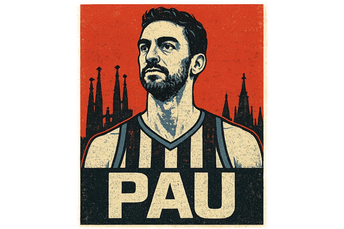 Pop-art street poster of basketball legend Pau Gasol in front of the Sagrada Familia skyline of Barcelona