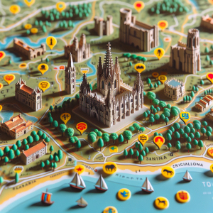 Una fotografía del mapa de Catalunya amb icones dels llocs mes emblamatics de catalunya
