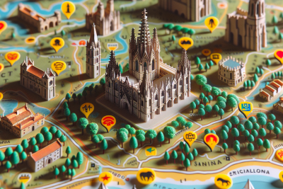 Una fotografía del mapa de Catalunya amb icones dels llocs mes emblamatics de catalunya