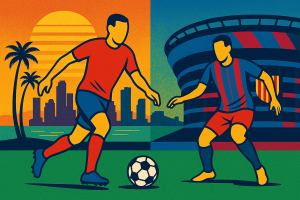 Pop-art illustration of Catalan footballers Sergio Busquets and Jordi Alba, from FC Barcelona to Inter Miami