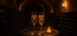 Aging cava bottles in a dark vaulted cellar with two glasses of golden sparkling wine