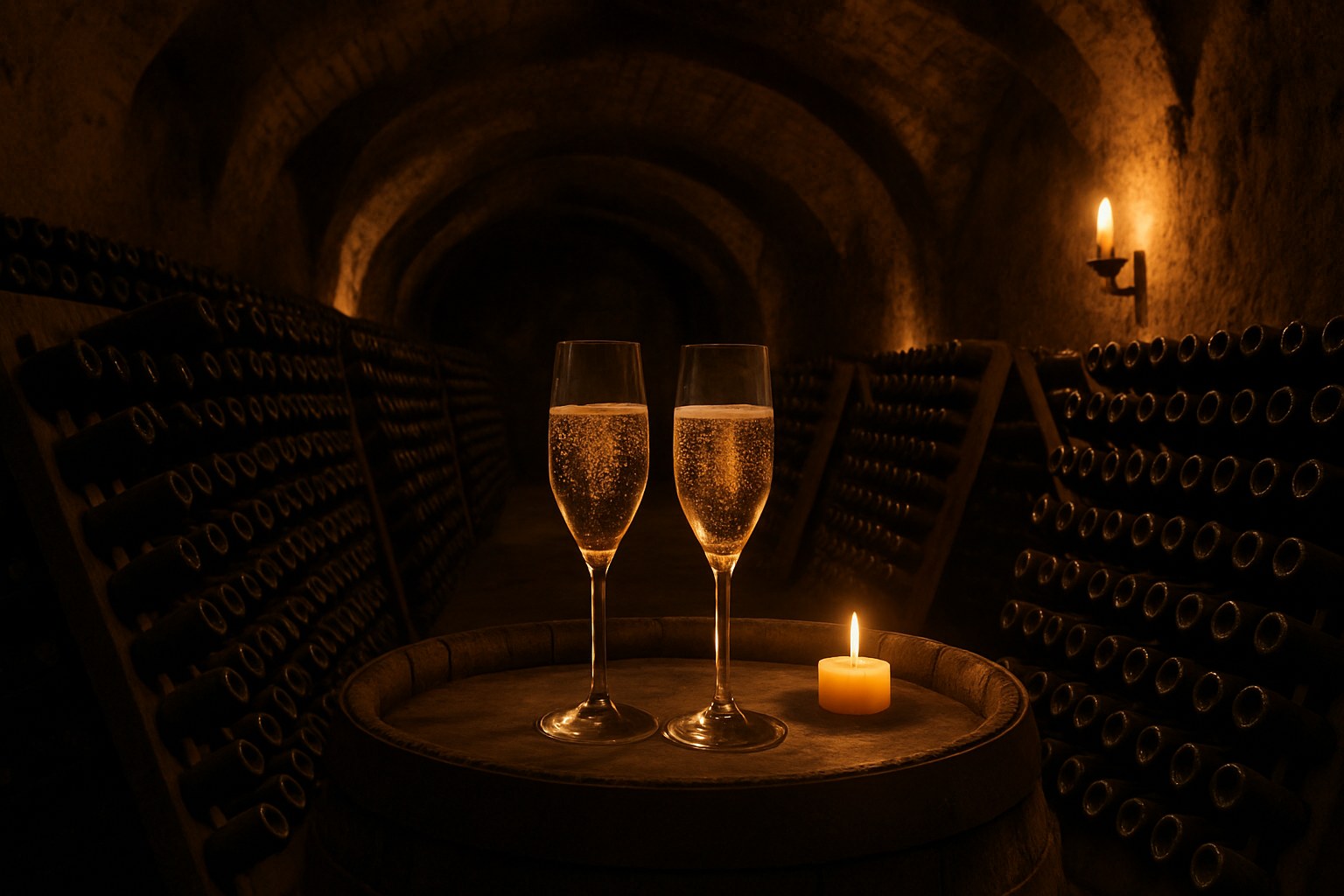 Aging cava bottles in a dark vaulted cellar with two glasses of golden sparkling wine