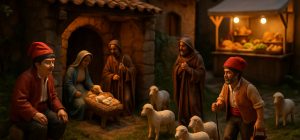 Traditional Catalan nativity scene with caganer figurines wearing barretina hats at a Christmas market stall