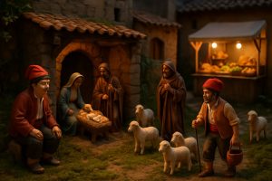Traditional Catalan nativity scene with caganer figurines wearing barretina hats at a Christmas market stall